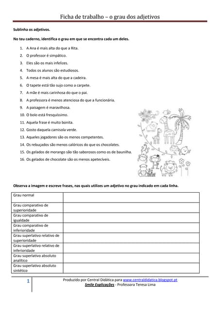 Ficha de trabalho - grau dos adjetivos
