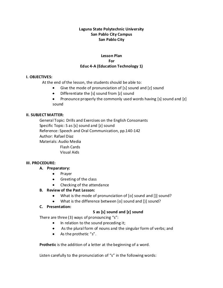 semi detailed lesson plan s sound and z sound