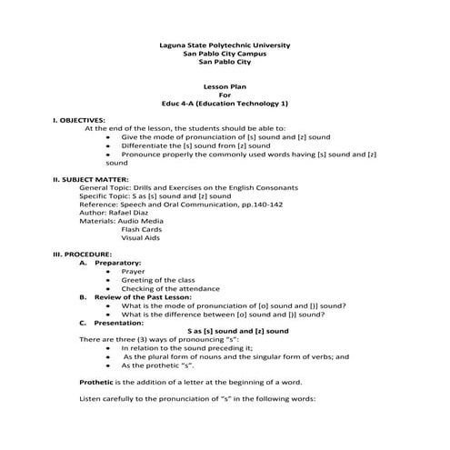 Semi-detailed Lesson Plan [s] sound and [z] sound