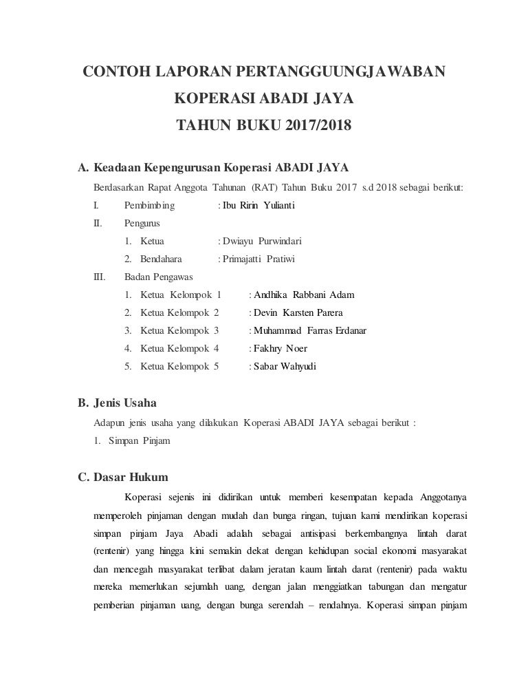 Contoh Laporan Pertanggungjawaban Pengurus Koperasi Simpan