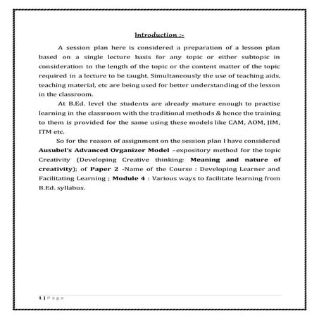 Assignment on session plan/ lesson plan from any of the B.Ed topic