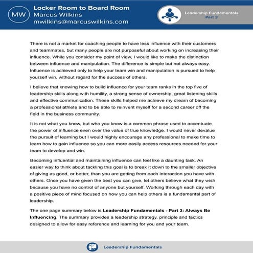 Locker Room to Board Room: Leadership Fundamentals Part 3 - Always Be Influen...