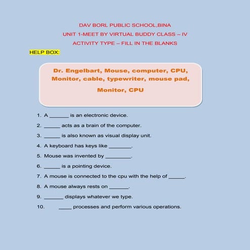 class One computer worksheet