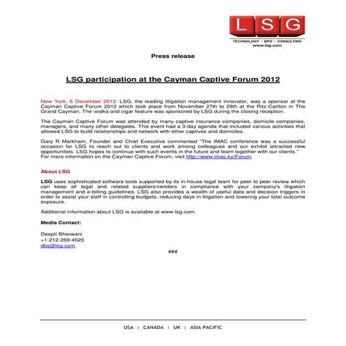 LSG participation at the Cayman Captive Forum 2012