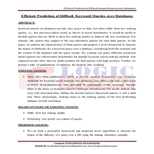 efficient prediction of difficult keyword queries over databases