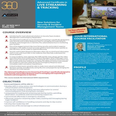 Advanced Certificate in Live Streaming & Tracking 07 - 09 Nov 2017 Dubai, UAE