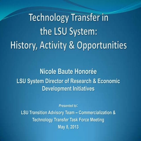 LSU System Technolgy transfer history, activity & oppty