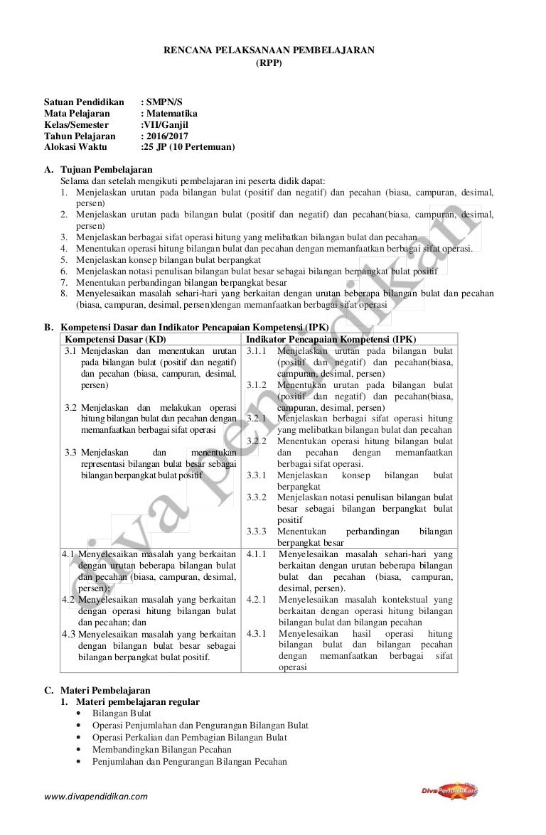 Contoh Rpp K13 Revisi 2017 Matematika Kelas 7 Smp