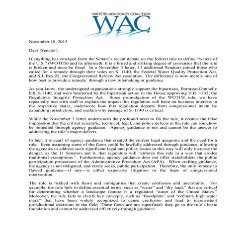 Coalition Letter to Senate on Failure to Advance S. 1140, the “Federal Water ...