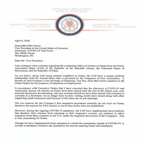 Guam Governor's Letter to Pence 