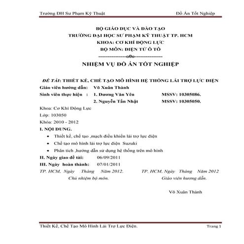 Đề tài: Thiết kế, chế tạo mô hình hệ thống lái trợ lực điện, HAY