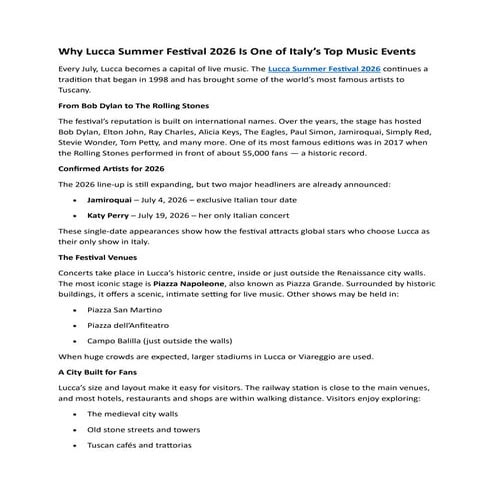 Why Lucca Summer Festival 2026 Is One of Italy’s Top Music Events