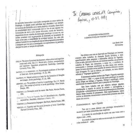 LEITE, L. “As dimensões interacionista e construtivista de Vygotsky e Piaget”...