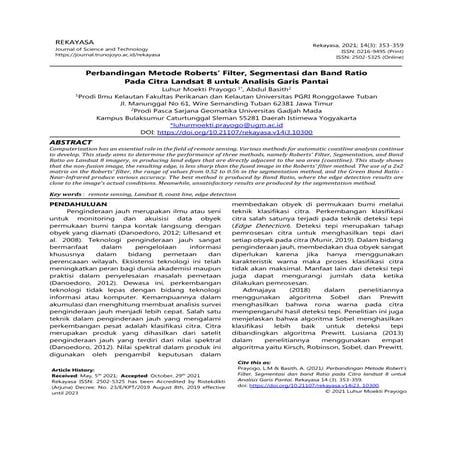 Perbandingan Metode Roberts’ Filter, Segmentasi dan Band Ratio Pada Citra Lan...