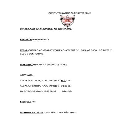 CUADRO COMPARATIVO DE CONCEPTOS DE   MINING DATA, BIG DATA Y CLOUD COMPUTING.