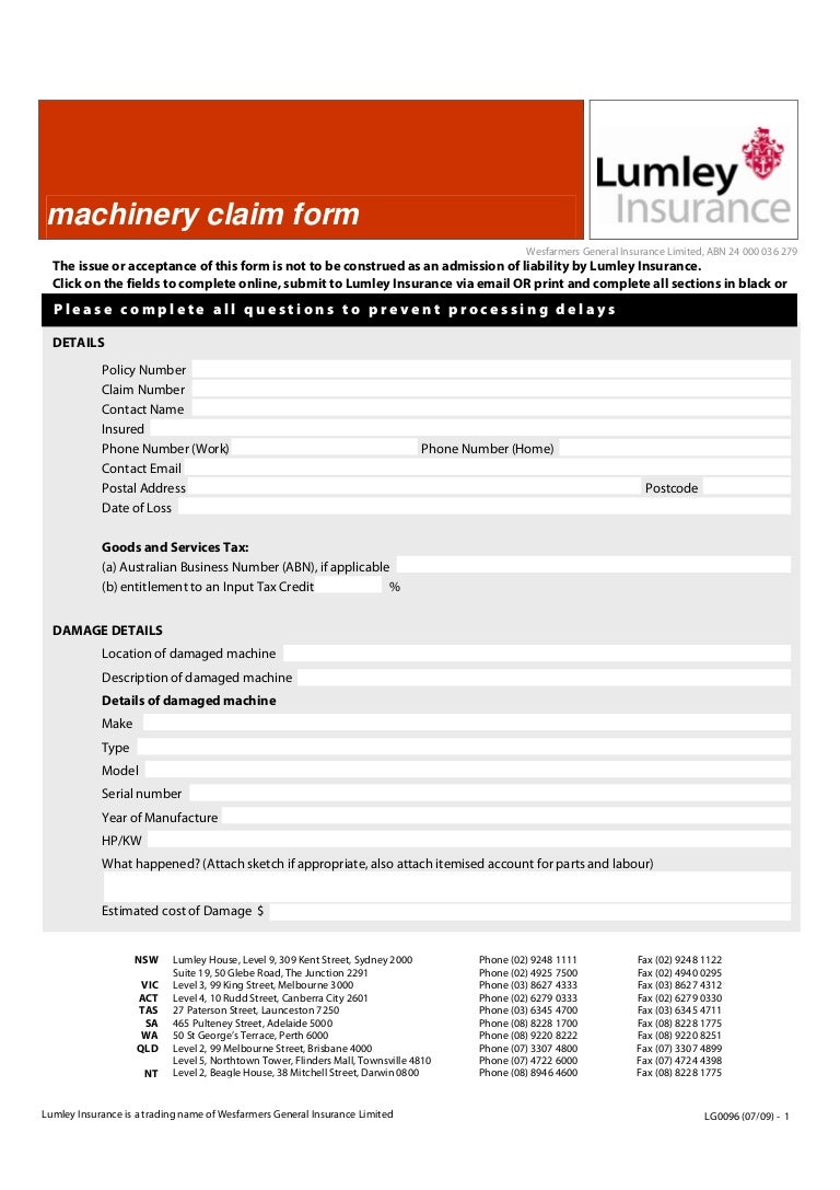 Lumley Machinery Breakdown Claim Form