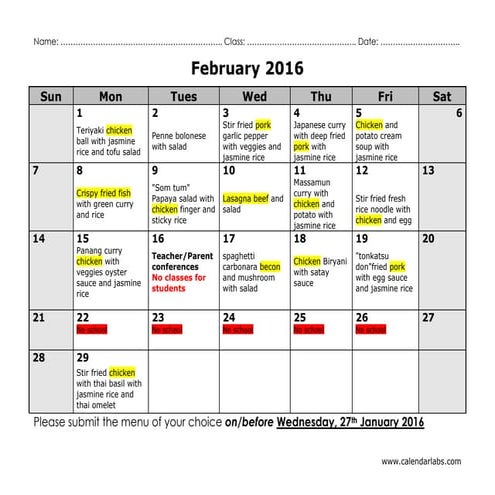 Lunch Menu: February 2017 | PDF