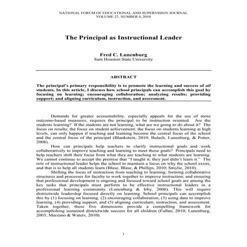 Lunenburg, fred c. the principal as instructional leader nfeasj v27 n4 2010