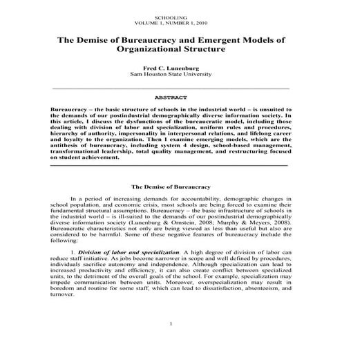 Dr. Fred C. Lunenburg [1]. the demise of bureaucracy schooling v1 n1, 2010.docx