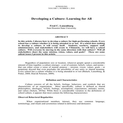 Lunenburg, fred c developing a culture schooling v1 n1, 2010