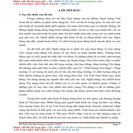 Luận Văn Giải Pháp Nhằm Nâng Cao Chất Lượng Tín Dụng Tại Ngân Hàng Thương Mại...