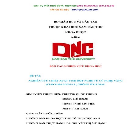 Luận Văn Nghiên Cứu Chiết Xuất Tinh Bột Nghệ Từ Củ Nghệ Vàng  (Curcuma Longa...