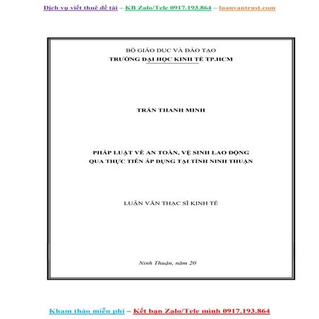 Luận Văn Pháp Luật Về An Toàn, Vệ Sinh Lao Động Qua Thực Tiễn Áp Dụng Tại Tỉn...