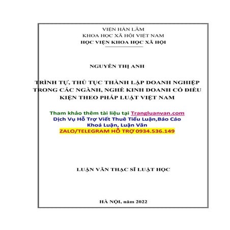 Luận Văn Thạc Sĩ Trình Tự, Thủ Tục Thành Lập Doanh Nghiệp