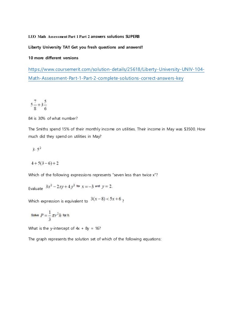 Luo 104 Math Assessment Part 1 Part 2 Answers Solutions Superb