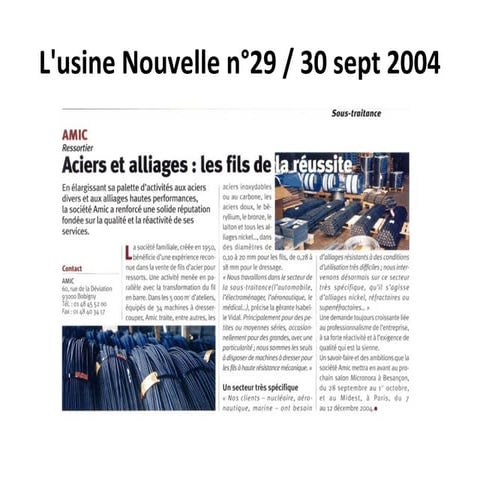 L'usine nouvelle n°29 aciers et alliages amic