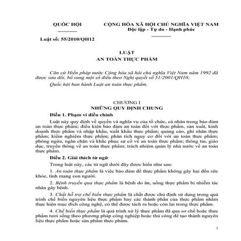 Luật an toàn thực phẩm 2010 số 55/2010/QH12
