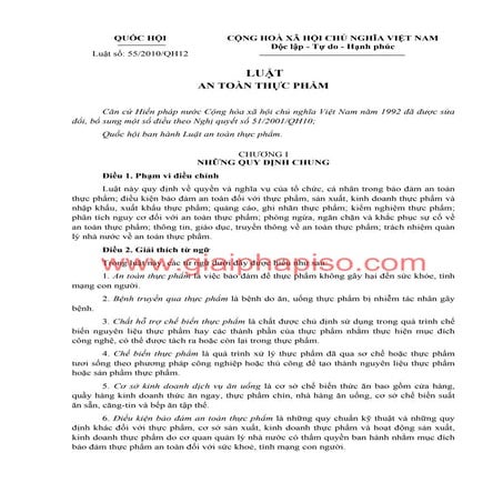 Luật an toàn thực phẩm số 55/2010 QH12