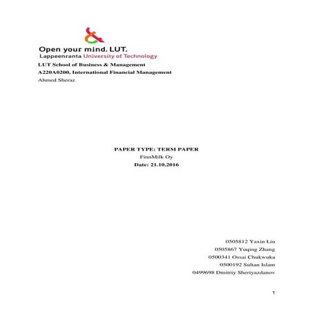 An MNC, FinnMilk Oy, Planning in the Financial Perspective