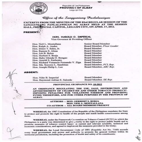 ALBAY SMOKE FREE ORDINANCE