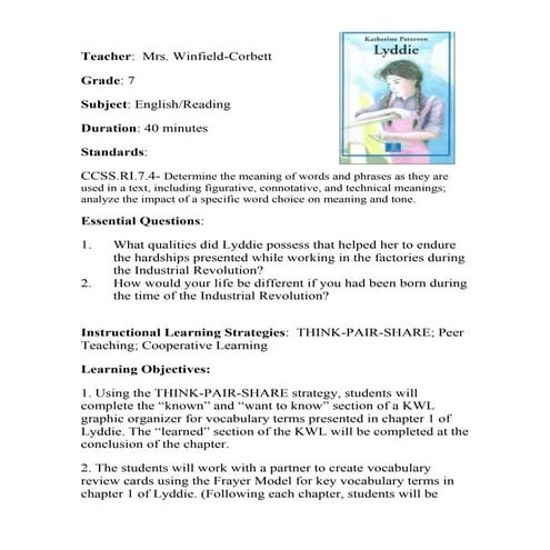 Lyddie cooperative learning vocabulary lesson