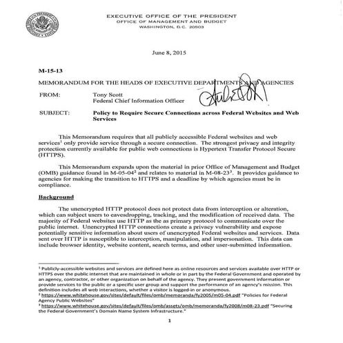 OMB M 15-13, Policy to Require Secure Connections across Federal Websites and...