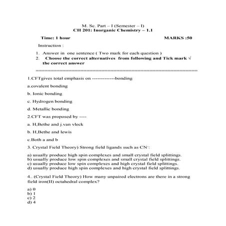 M.Sc.I  Inorganic Chemistry   Question paper 
