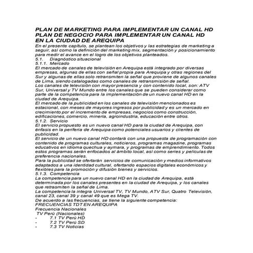 PLAN DE MARKETING PARA IMPLEMENTAR UN CANAL HD