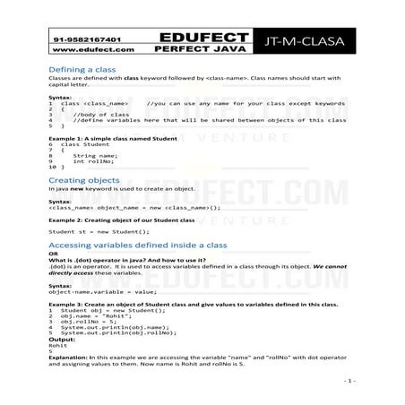 Introduction to Classes and Objects in Java - Edufect | PDF