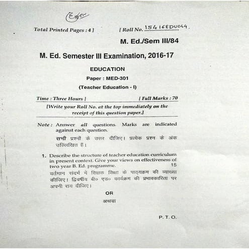 3rd Semester Papers, B.H.U., M.Ed.