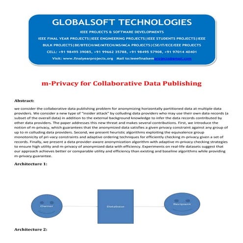 JAVA 2013 IEEE DATAMINING PROJECT m-Privacy for Collaborative Data Publishing