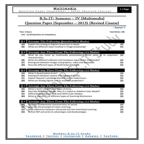 [Question Paper] Multimedia (Revised Course) [September / 2013]