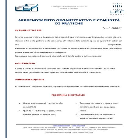 Apprendimento organizzativo e comunità di pratiche - Scheda corso LEN