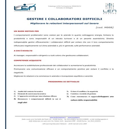 Gestire i collaboratori difficili - Scheda corso LEN