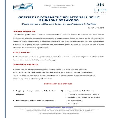 Gestire le dinamiche relazionali nelle riunioni di lavoro - Scheda corso LEN