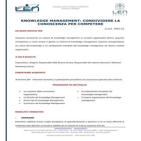 Knowledge management: condividere la conoscenza per competere - Scheda corso LEN