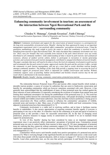 Enhancing community involvement in tourism: an assessment of the interaction between Ngezi Recreational Park and the surrounding community