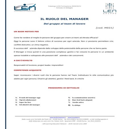 Ruolo del manager - Scheda corso LEN
