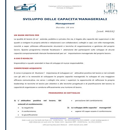 Sviluppo capacità manageriali - Scheda corso LEN