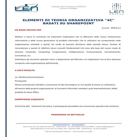 Elementi di teoria organizzativa 4c basati su sharepoint - Scheda corso LEN